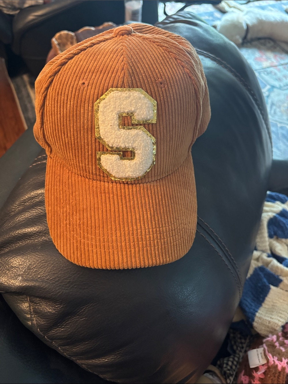 Corduroy Baseball Cap with 'S' Patch - Rust